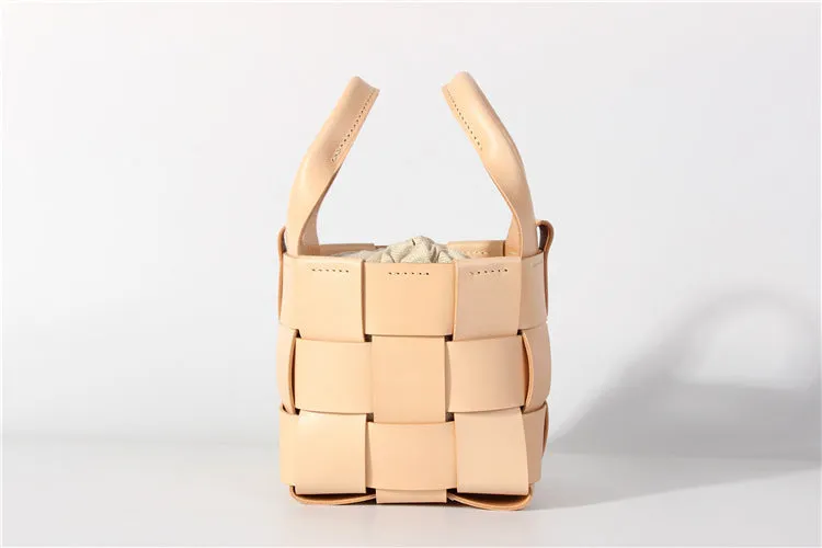 Cute Womens Black Woven Leather Handbag Leather Bucket Bag For Women