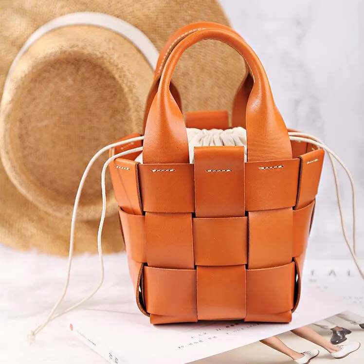 Cute Womens Black Woven Leather Handbag Leather Bucket Bag For Women
