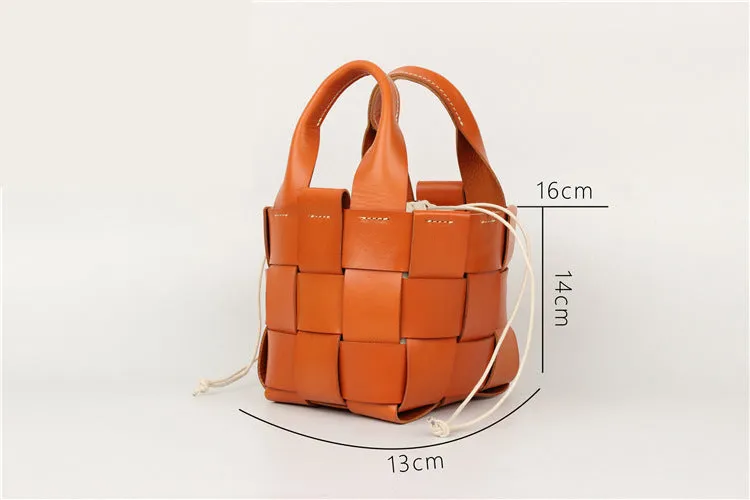 Cute Womens Black Woven Leather Handbag Leather Bucket Bag For Women