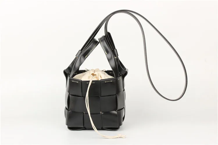 Cute Womens Black Woven Leather Handbag Leather Bucket Bag For Women