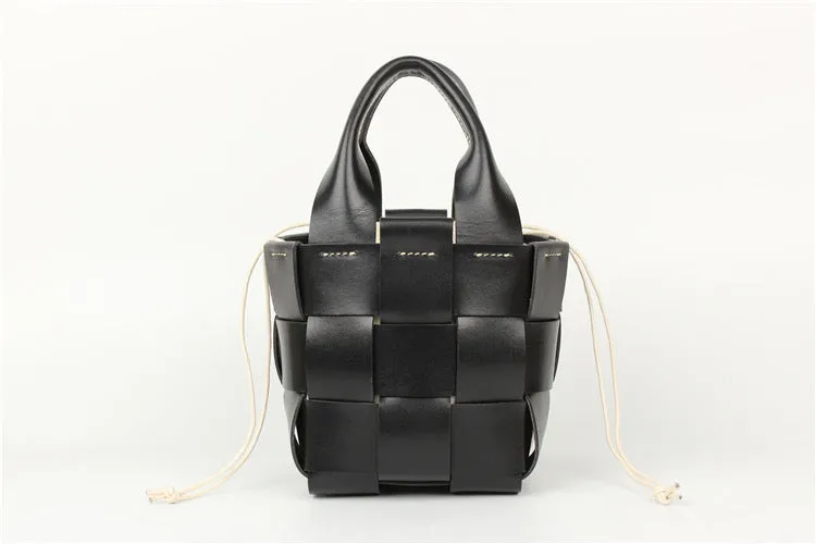 Cute Womens Black Woven Leather Handbag Leather Bucket Bag For Women