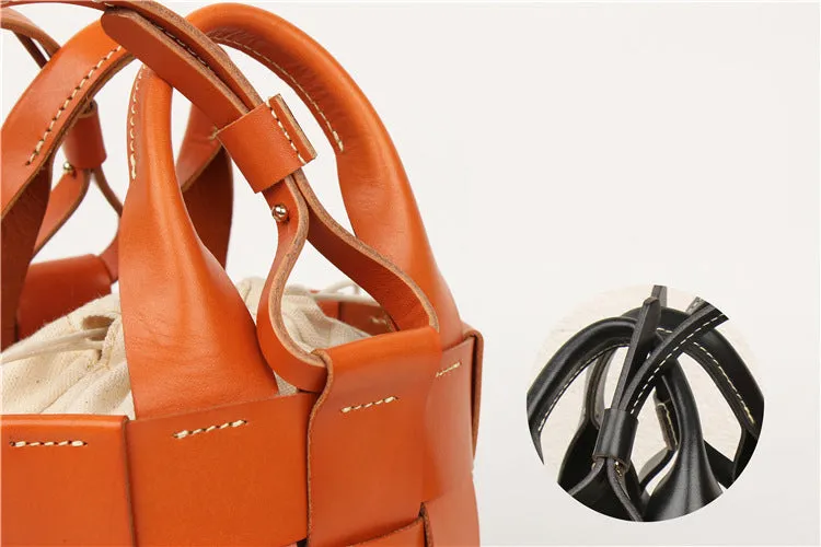 Cute Womens Black Woven Leather Handbag Leather Bucket Bag For Women