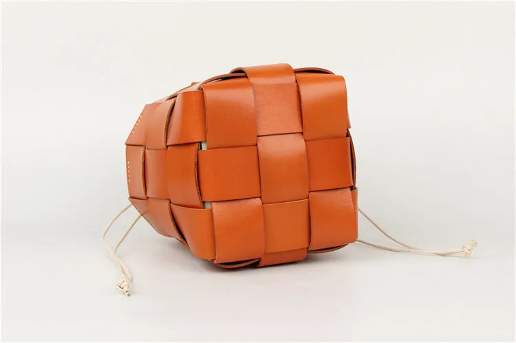 Cute Womens Black Woven Leather Handbag Leather Bucket Bag For Women
