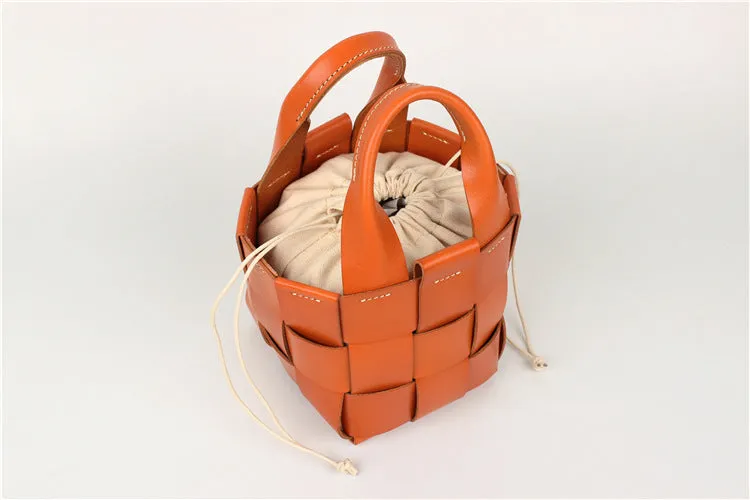 Cute Womens Black Woven Leather Handbag Leather Bucket Bag For Women