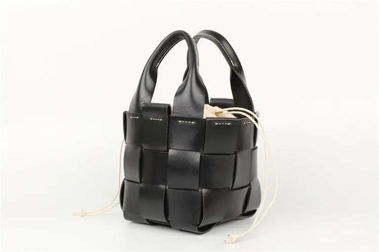 Cute Womens Black Woven Leather Handbag Leather Bucket Bag For Women