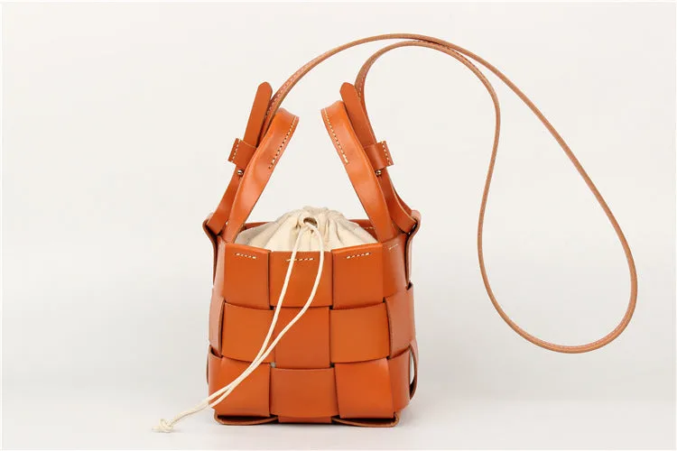 Cute Womens Black Woven Leather Handbag Leather Bucket Bag For Women