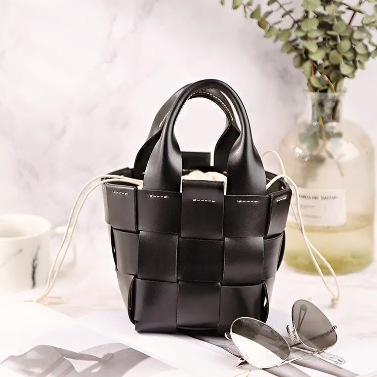 Cute Womens Black Woven Leather Handbag Leather Bucket Bag For Women