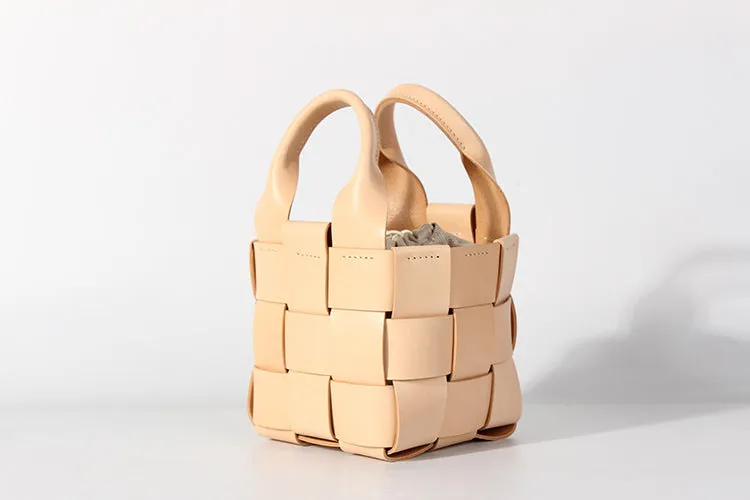 Cute Womens Black Woven Leather Handbag Leather Bucket Bag For Women