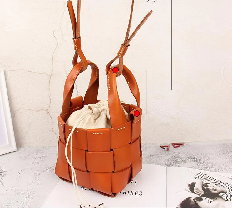 Cute Womens Black Woven Leather Handbag Leather Bucket Bag For Women