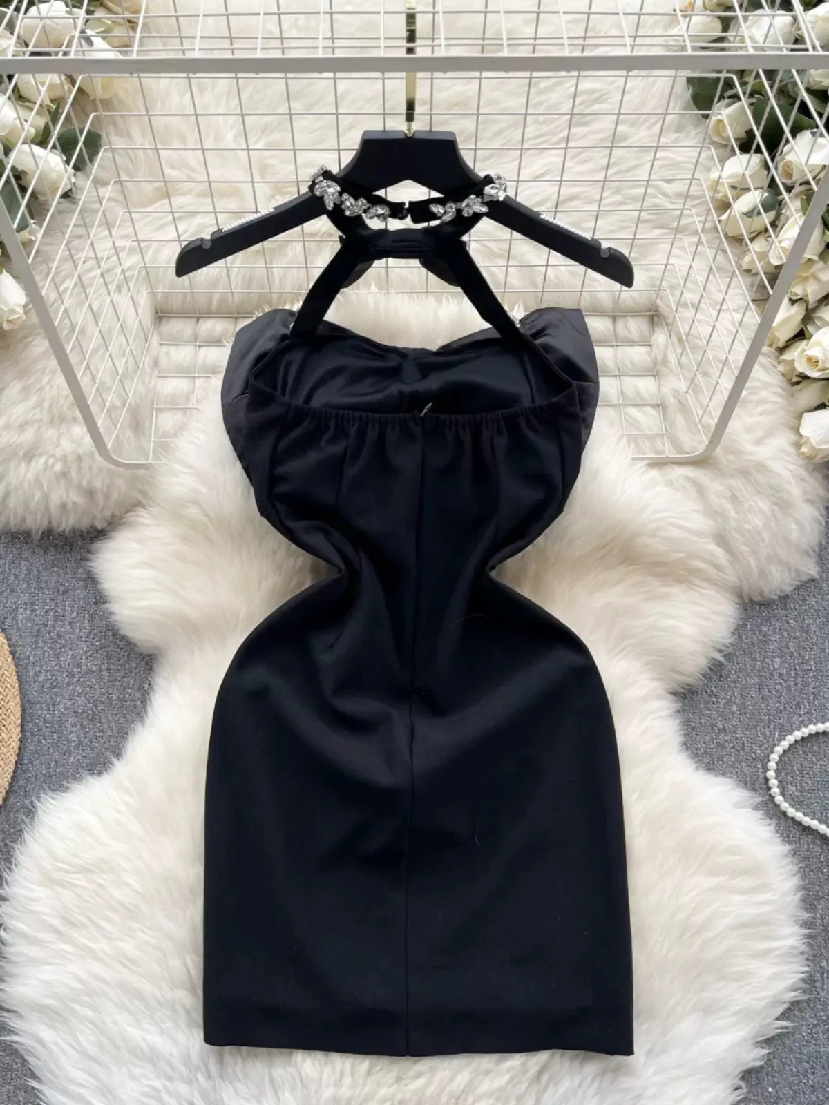 Dazzling Black Jewel Neckline Party Dress