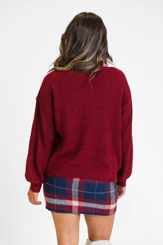 Dazzling Glow Burgundy Pearl Embellished Mock Neck Sweater
