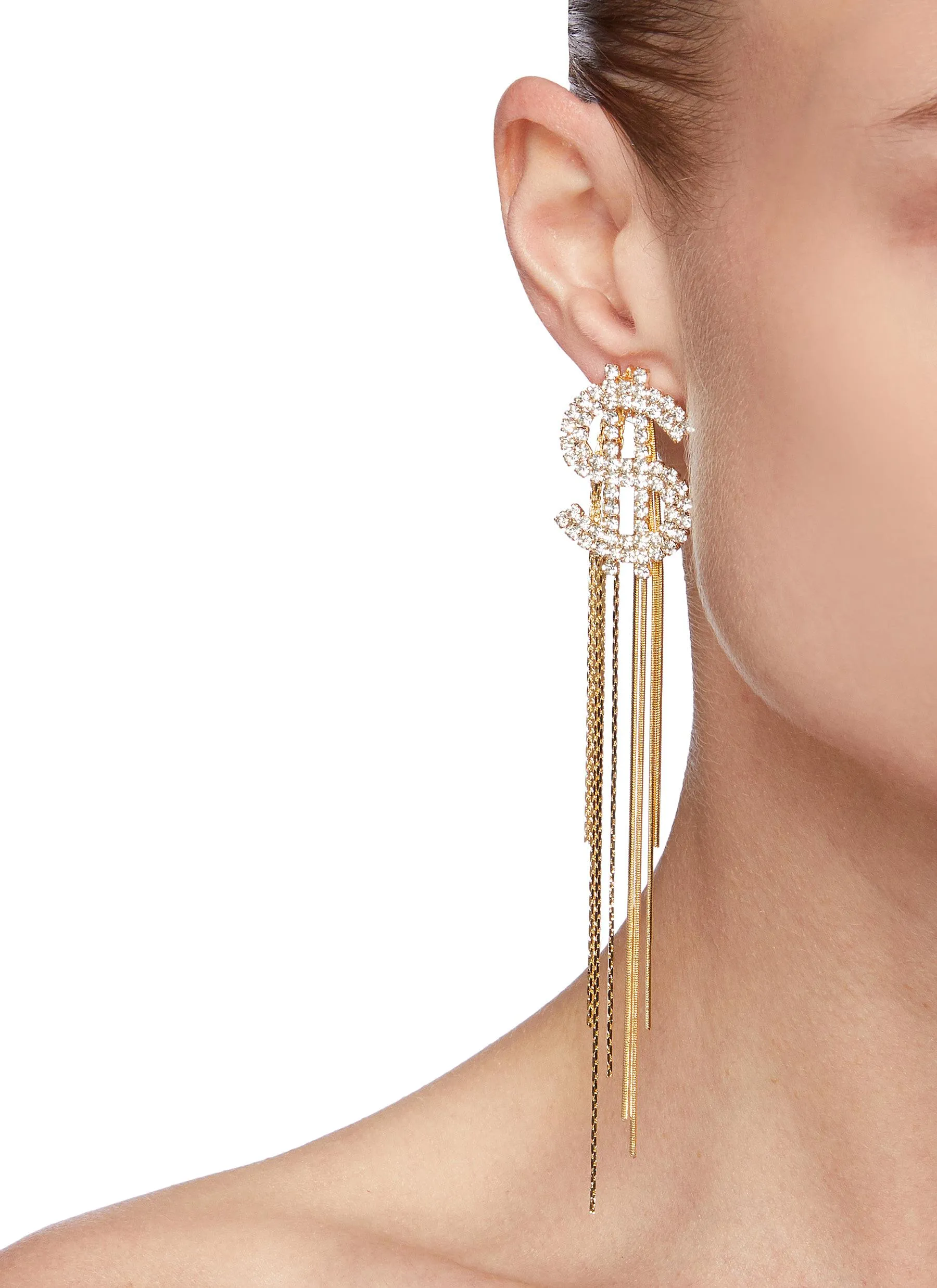 DOLLAR SIGN CHAIN FRINGE DROP EARRINGS