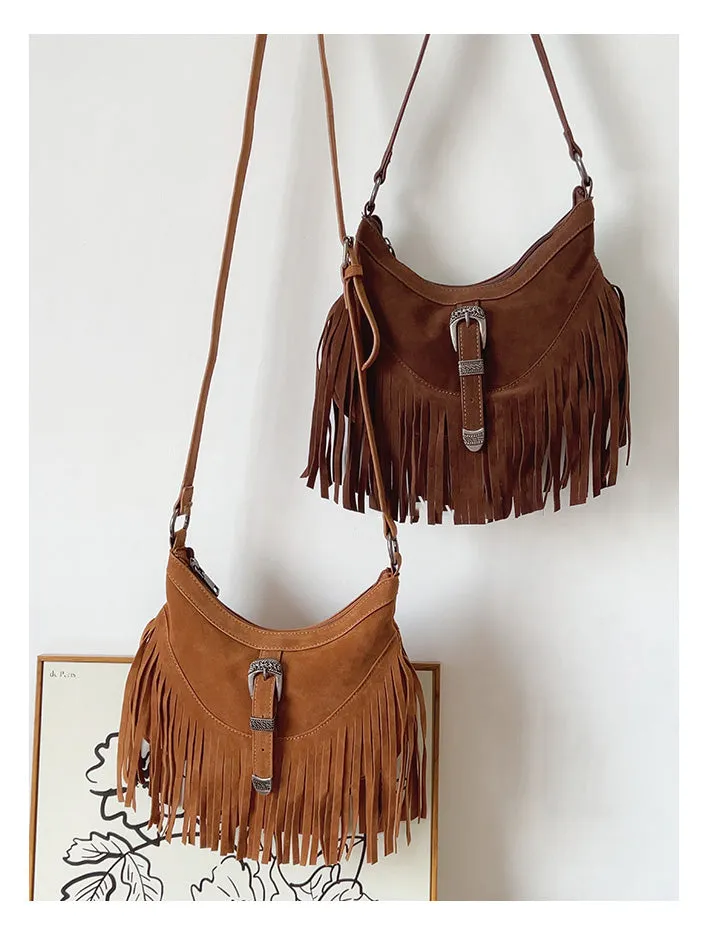 Elena Handbags Soft Suede Shoulder Bag with Tassel