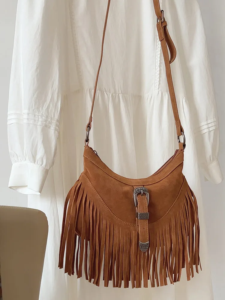 Elena Handbags Soft Suede Shoulder Bag with Tassel