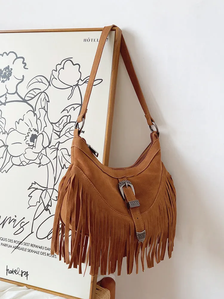 Elena Handbags Soft Suede Shoulder Bag with Tassel