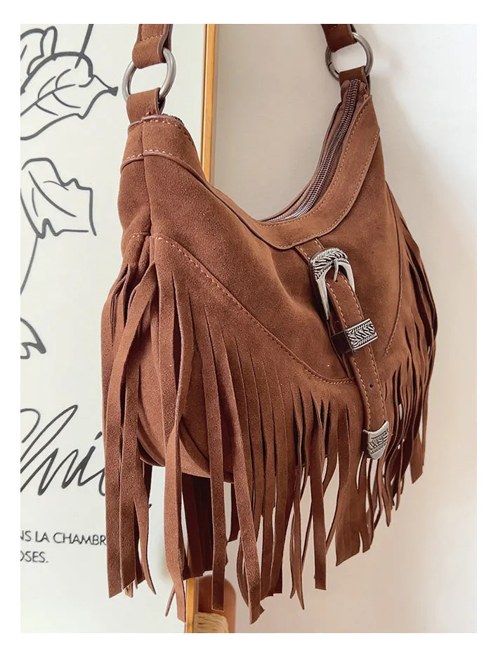 Elena Handbags Soft Suede Shoulder Bag with Tassel