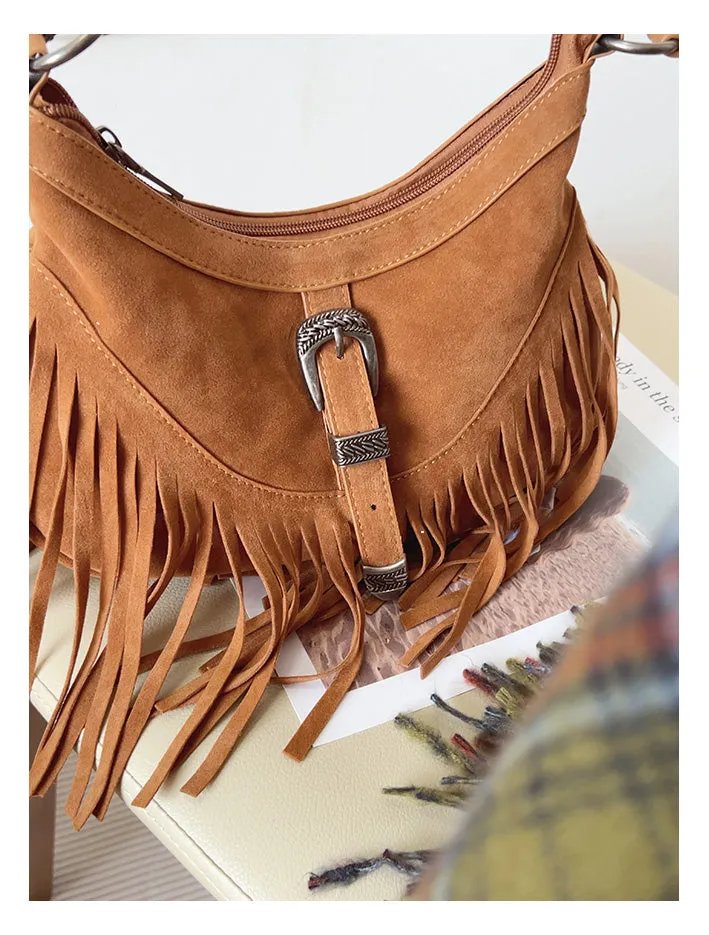 Elena Handbags Soft Suede Shoulder Bag with Tassel