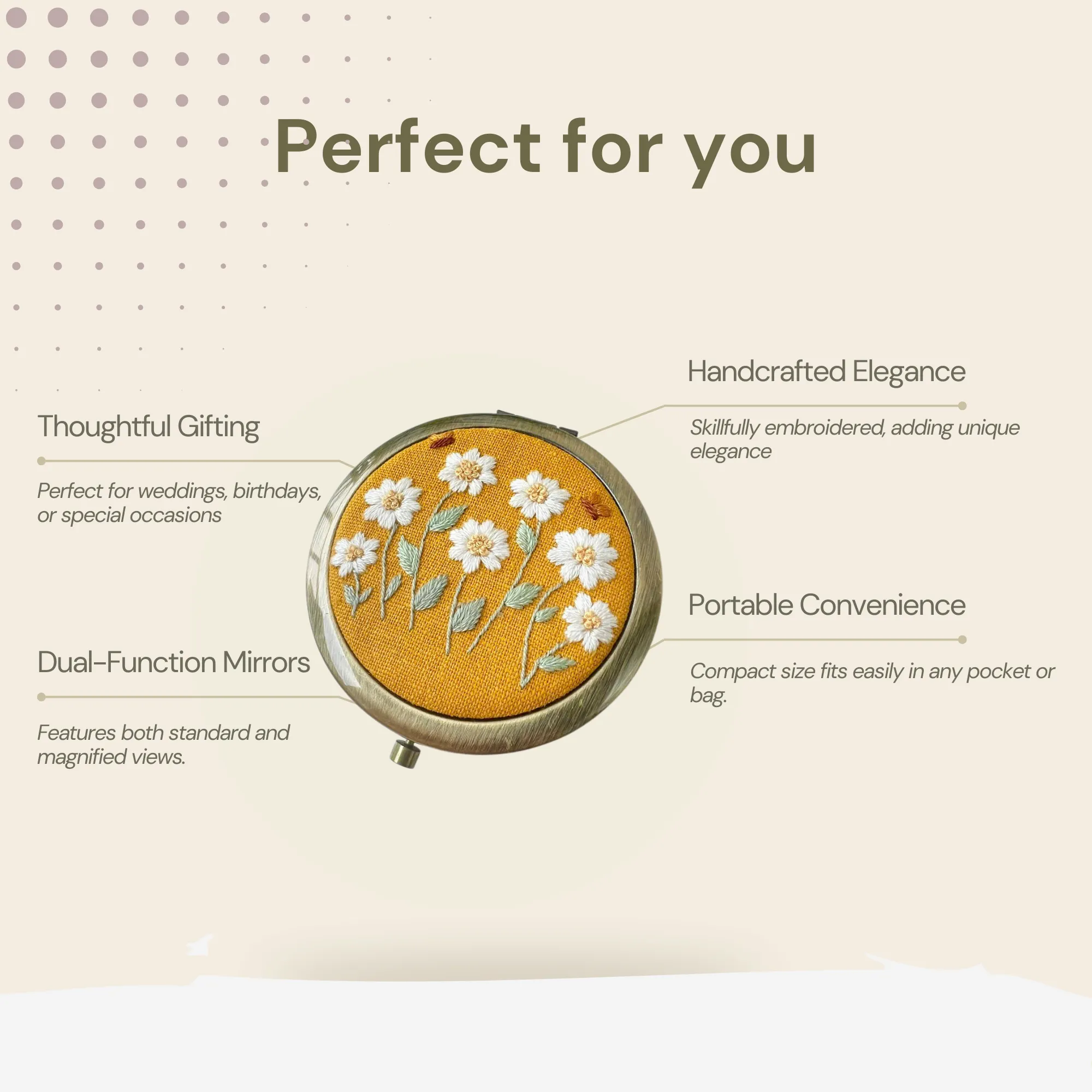 Embroidered Compact Mirror with Drawstring Bag, Pocket Mirror, Compact Mirror For Woman, Compact mirror for purse