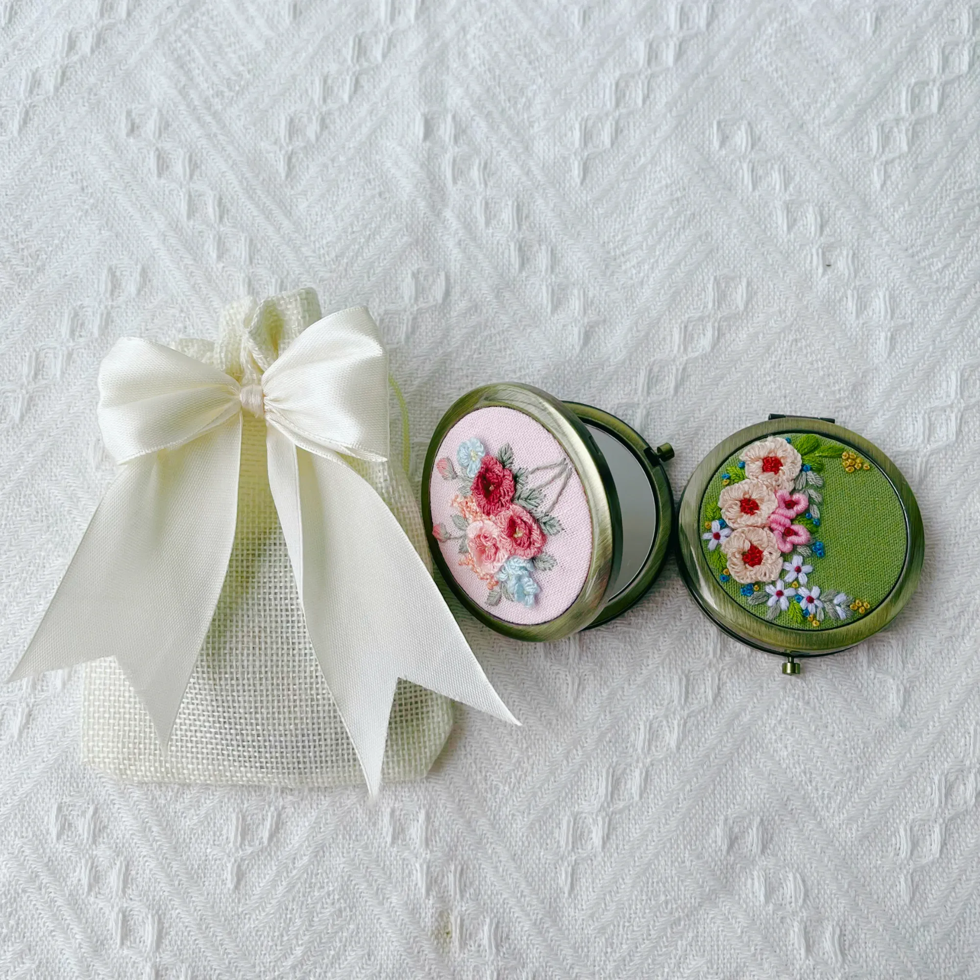 Embroidered Compact Mirror with Drawstring Bag, Pocket Mirror, Compact Mirror For Woman, Compact mirror for purse