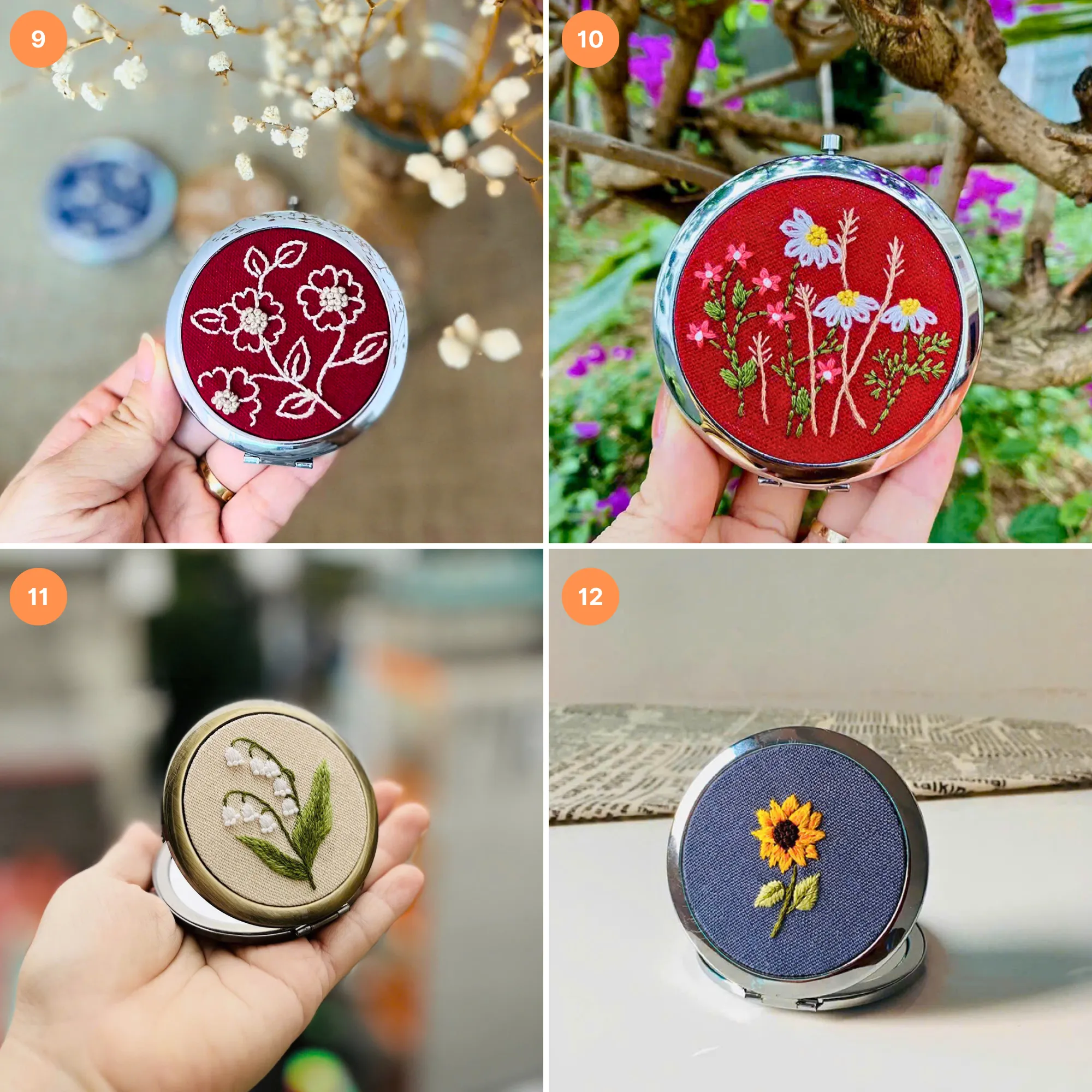 Embroidered Compact Mirror with Drawstring Bag, Pocket Mirror, Compact Mirror For Woman, Compact mirror for purse
