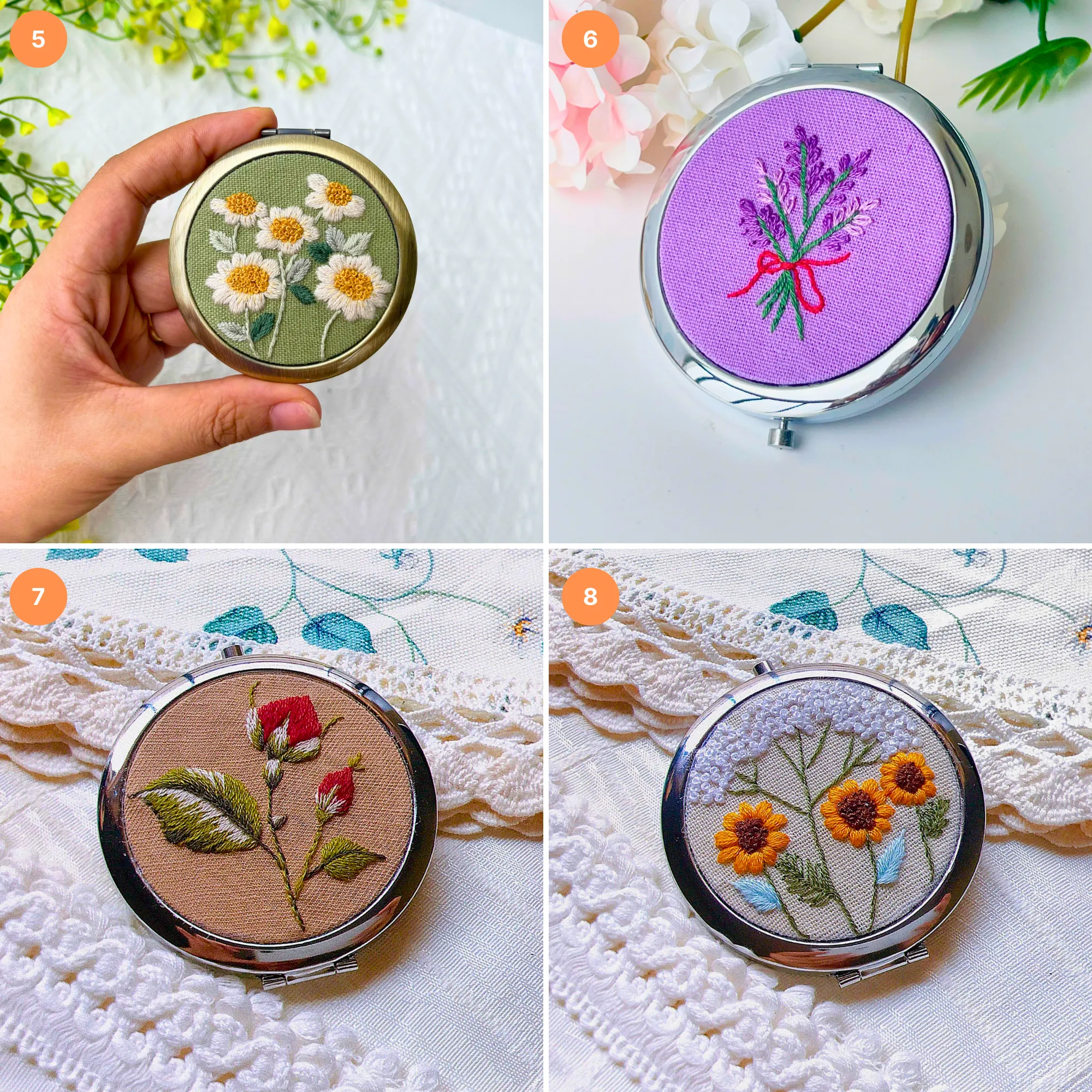 Embroidered Compact Mirror with Drawstring Bag, Pocket Mirror, Compact Mirror For Woman, Compact mirror for purse