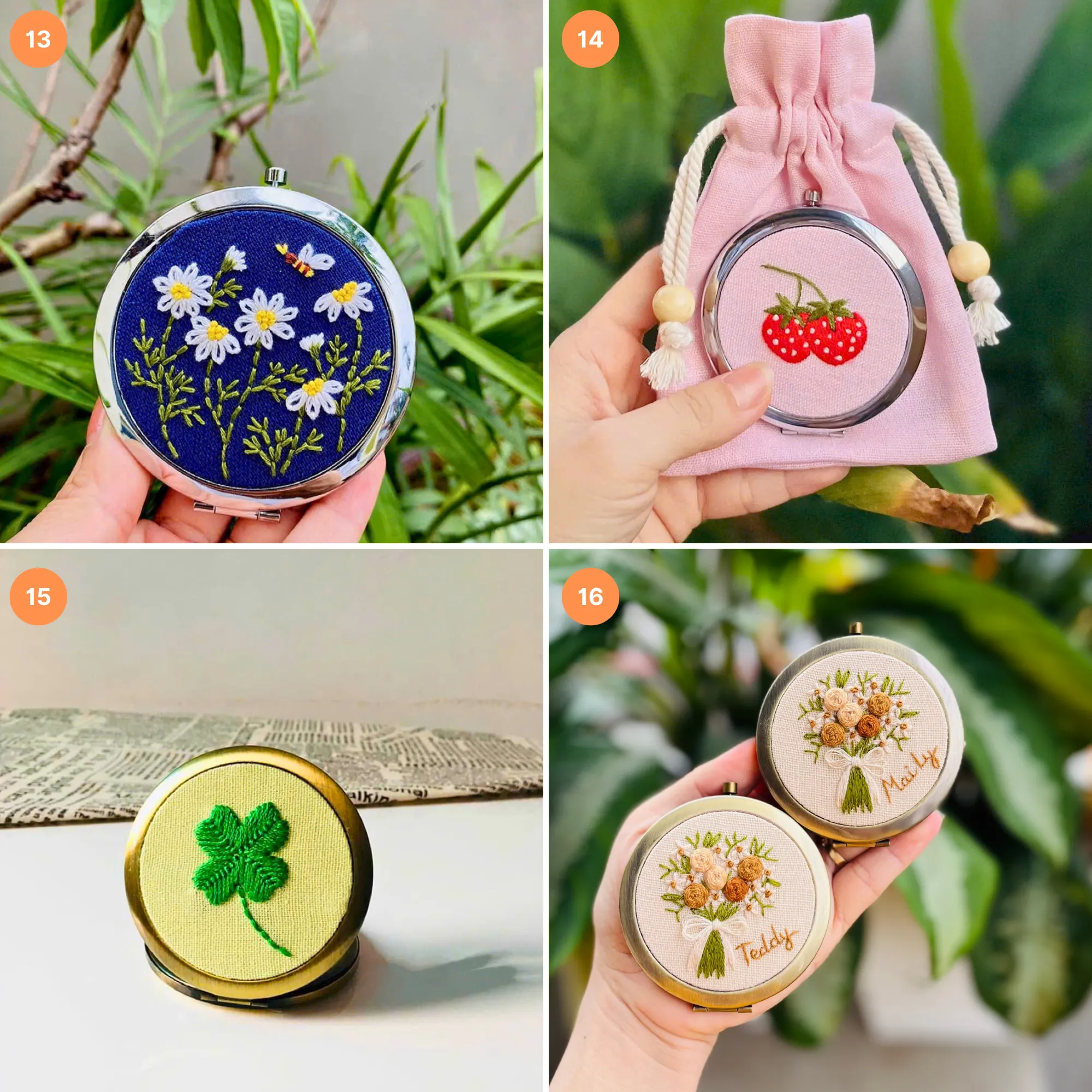 Embroidered Compact Mirror with Drawstring Bag, Pocket Mirror, Compact Mirror For Woman, Compact mirror for purse