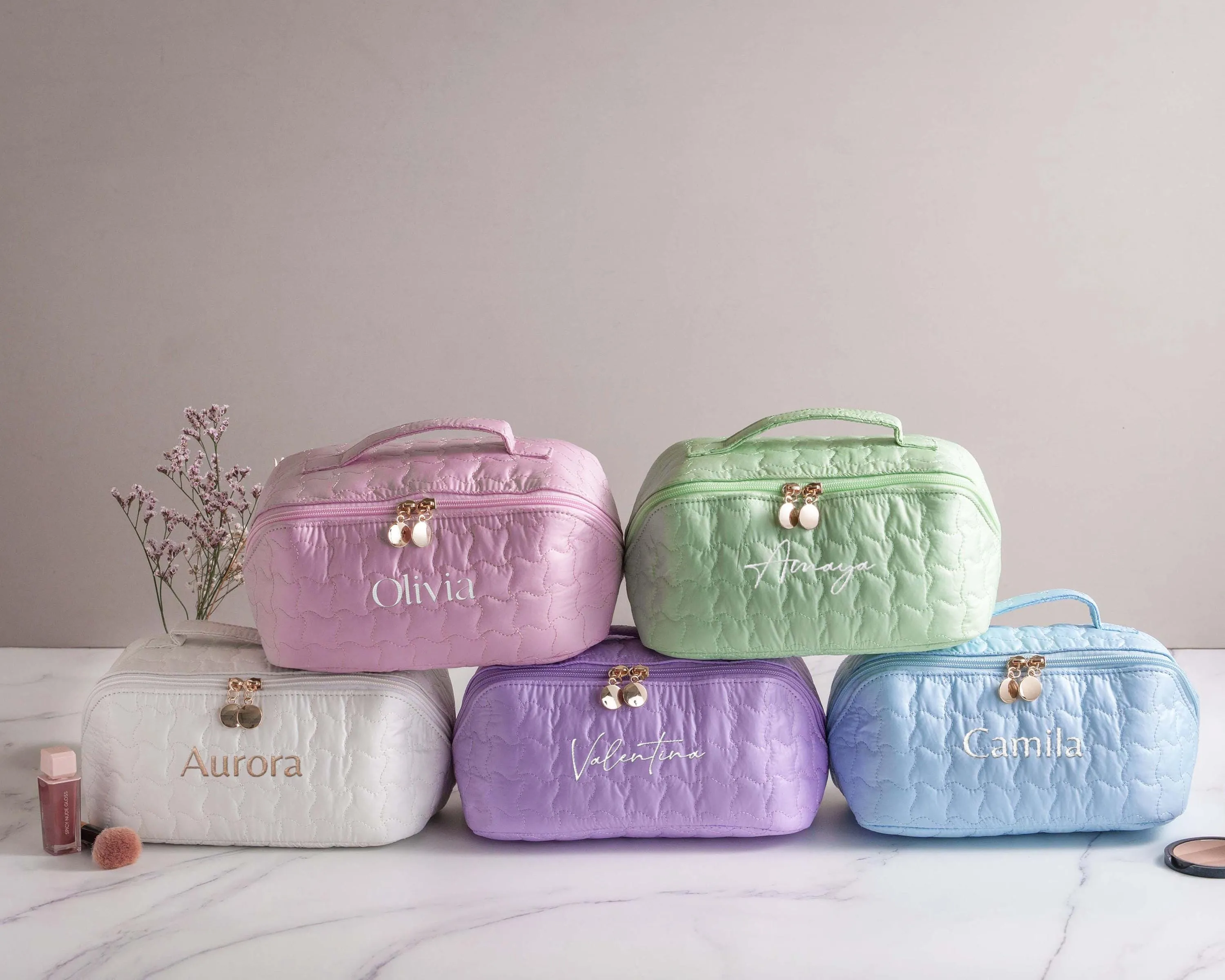 Embroidered Quilted Makeup Bag