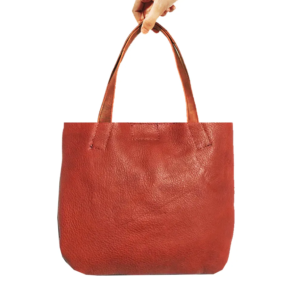 Genuine Leather & Embroidery Tiny Tote - Tan Brown