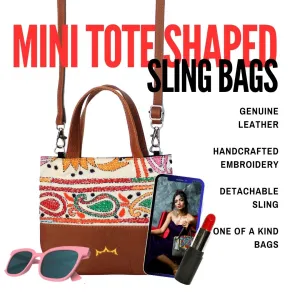 Genuine Leather & Embroidery Tiny Tote - Tan Brown