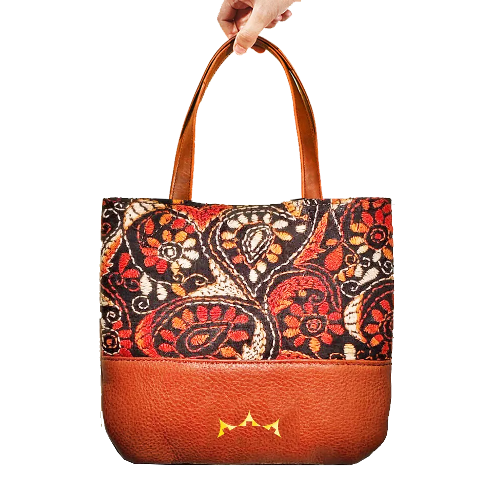 Genuine Leather & Embroidery Tiny Tote - Tan Brown