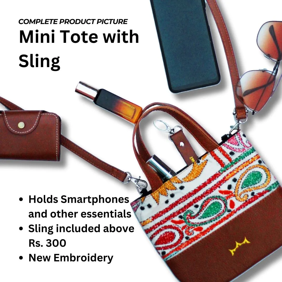 Genuine Leather & Embroidery Tiny Tote - Tan Brown