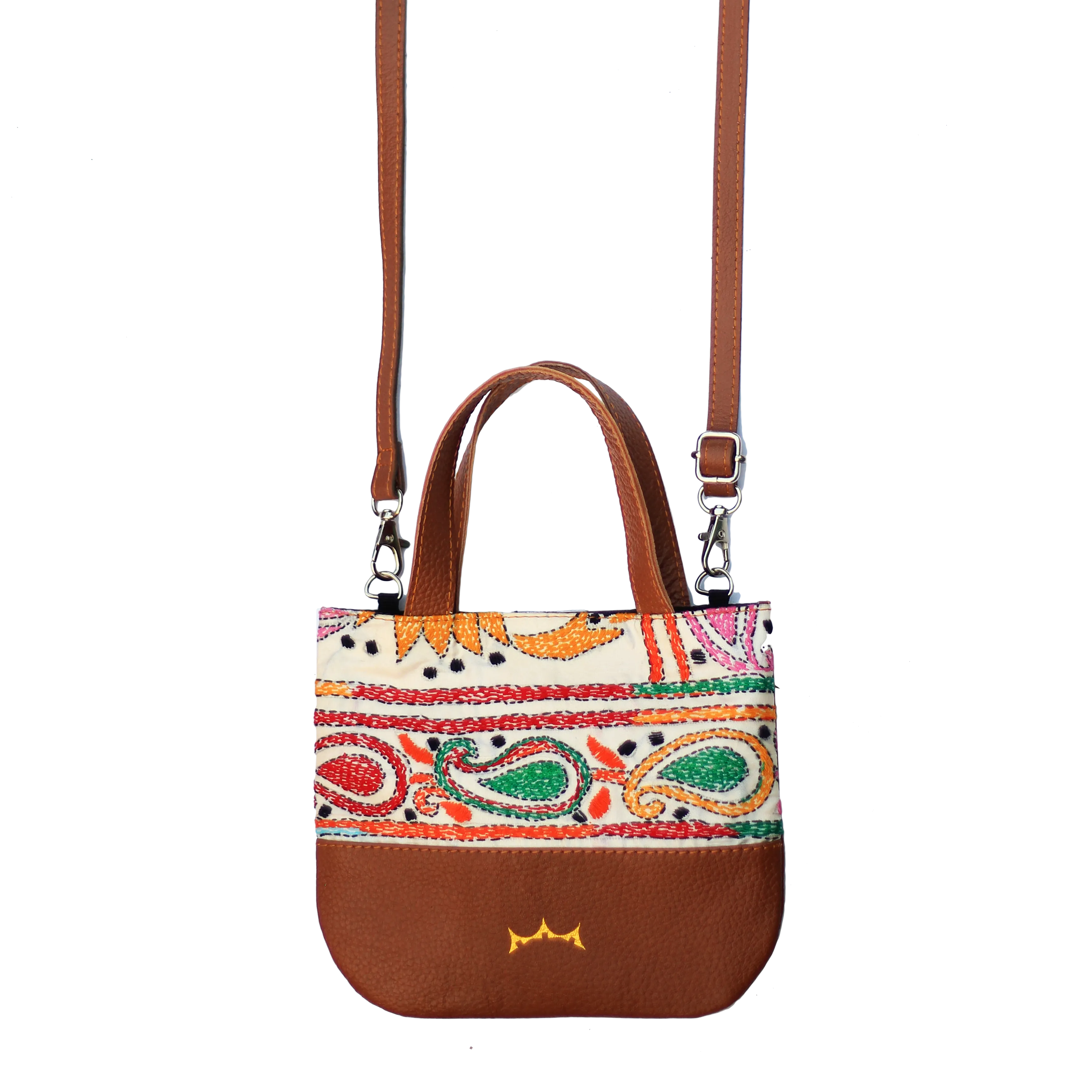 Genuine Leather & Embroidery Tiny Tote - Tan Brown