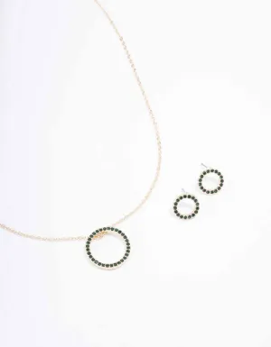 Gold Diamante Open Circle Necklace & Stud Earring Set