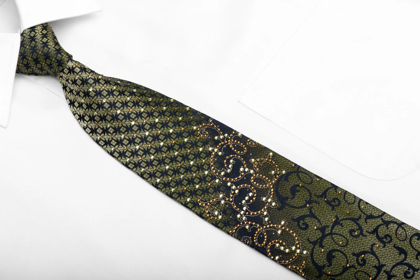 Green Acanthus On Navy Blue Rhinestone Silk Necktie With Silver Sparkles