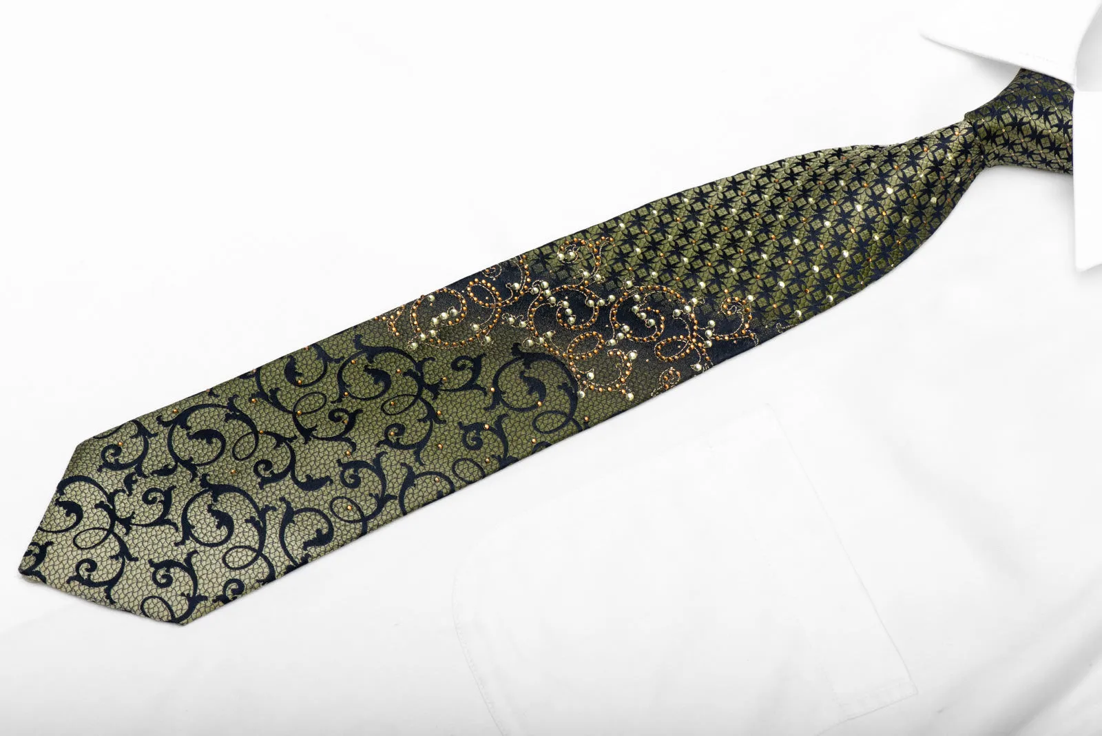 Green Acanthus On Navy Blue Rhinestone Silk Necktie With Silver Sparkles