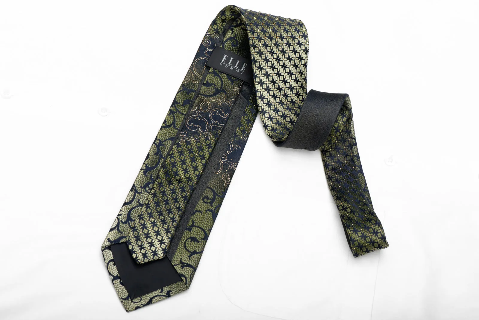 Green Acanthus On Navy Blue Rhinestone Silk Necktie With Silver Sparkles