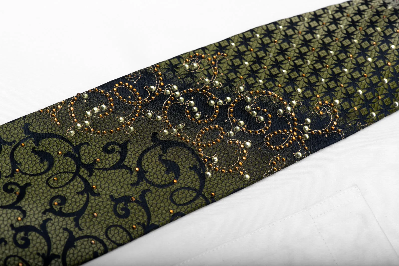 Green Acanthus On Navy Blue Rhinestone Silk Necktie With Silver Sparkles