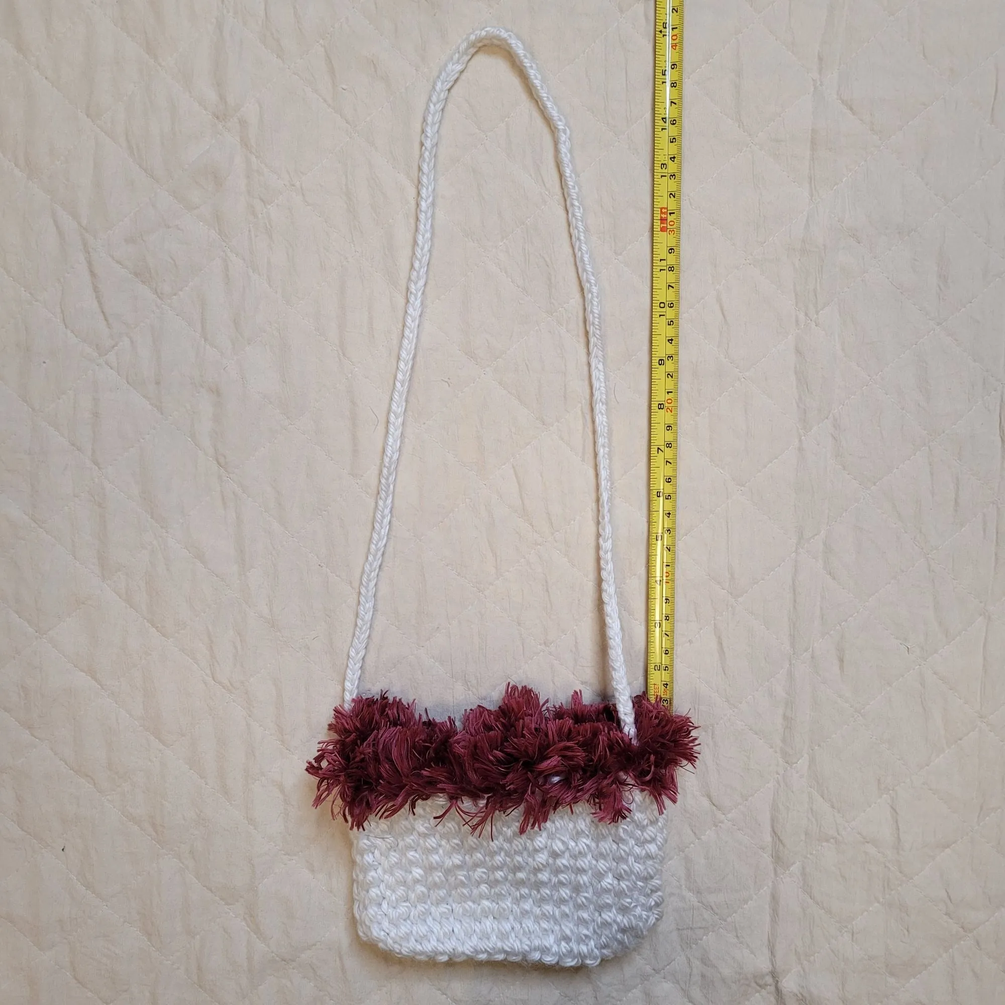 Handmade White with a Fluffy Trim Crochet Mini Shoulder Bag by Nikita Naomi
