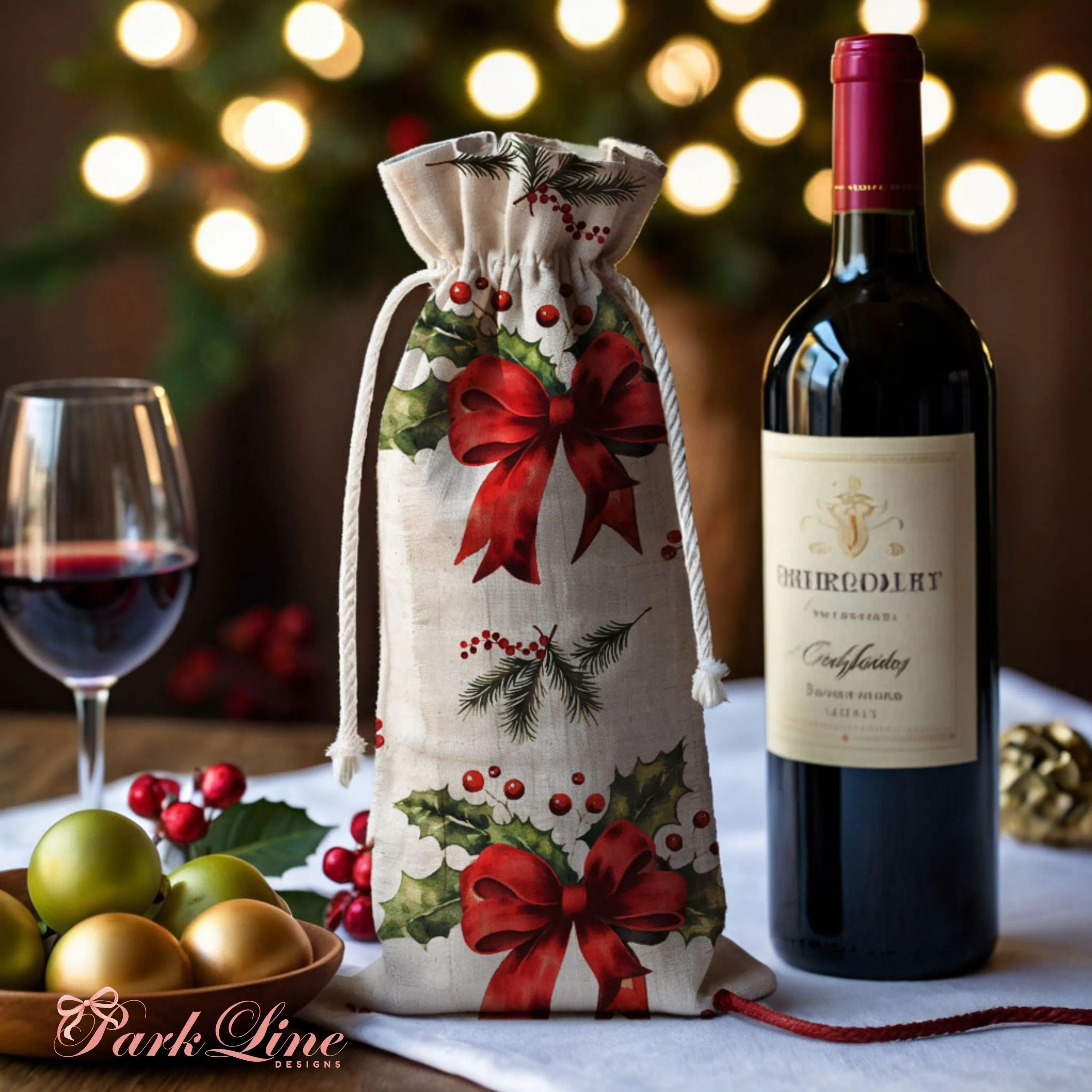 Linen Wine Bottle Bag Christmas Wine Bottle Bag Holiday Gift Wrap Eco-Friendly Wine Presentation