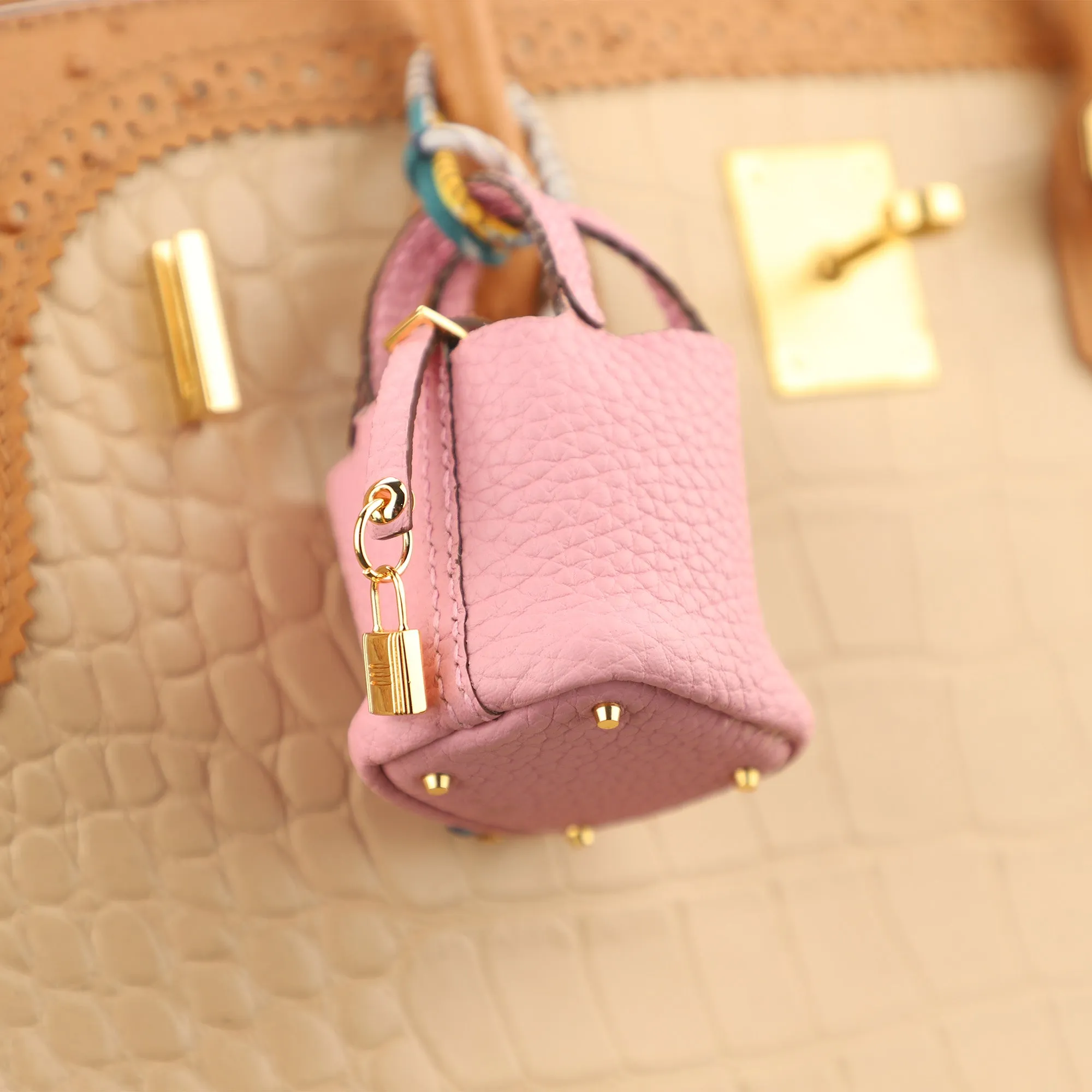Mini Picotin Bag Pendant,Handmade The Picotin Lock Bag Charm,Leather bag pendant,Handmade DIY Design Bag Pendant