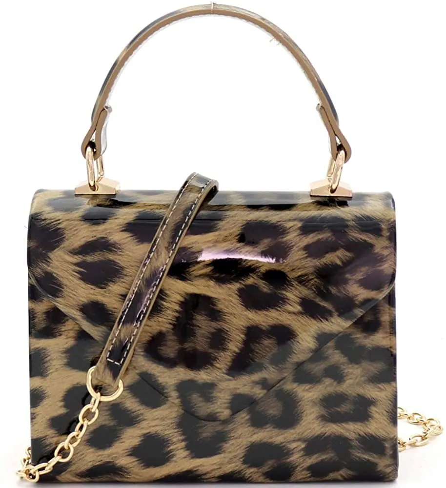 Mini Retro Leopard Patent Purple Box Flap leather Satchel Crossbody Handbag