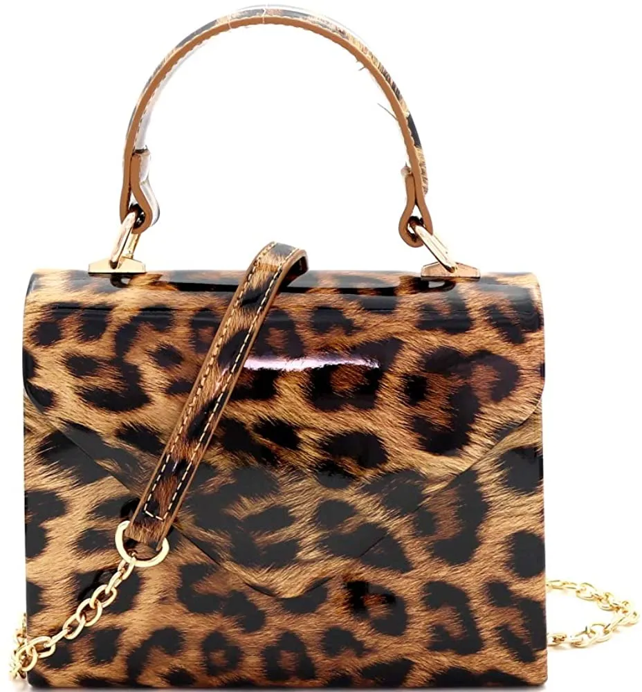 Mini Retro Leopard Patent Purple Box Flap leather Satchel Crossbody Handbag