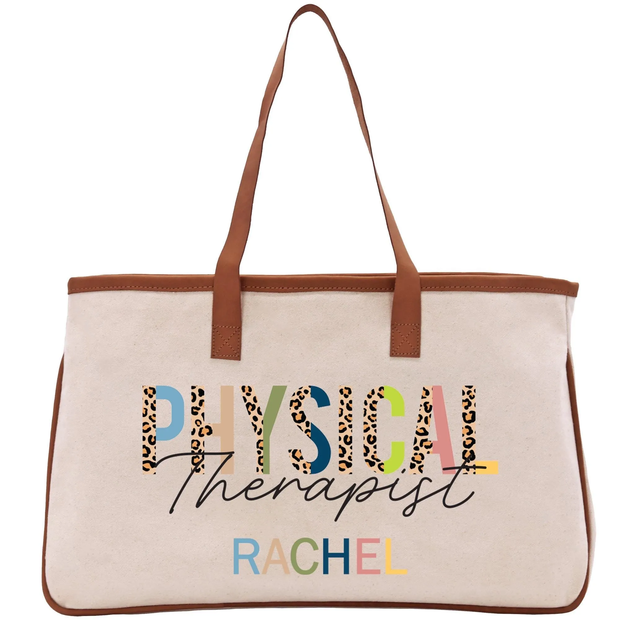 Personalized Leopard PT Physical Therapist Name Custom Cotton Canvas Tote Bag Physical Therapist Birthday Gift Graduation Bag (TRTB1007)