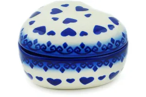 Polish Pottery 4" Heart Shaped Jar Blue Valentine Hearts