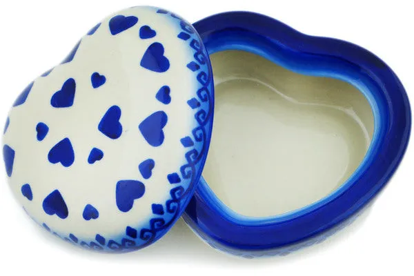 Polish Pottery 4" Heart Shaped Jar Blue Valentine Hearts