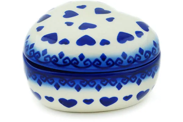 Polish Pottery 4" Heart Shaped Jar Blue Valentine Hearts