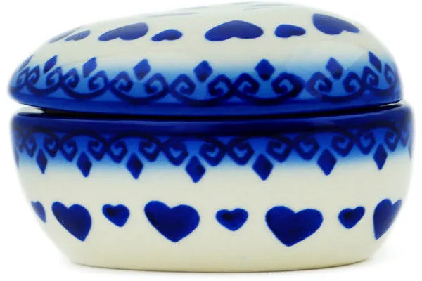 Polish Pottery 4" Heart Shaped Jar Blue Valentine Hearts