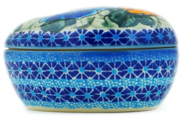 Polish Pottery 5" Heart Shaped Jar Corn In The Blue UNIKAT