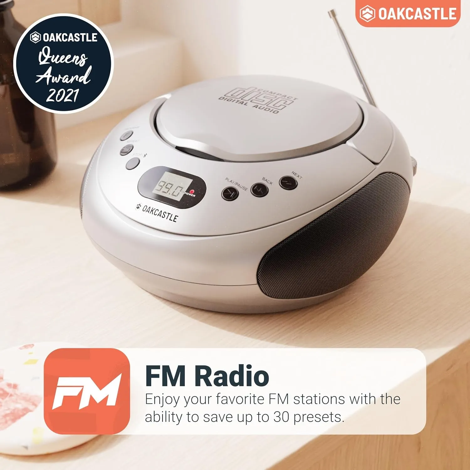 Portable Bluetooth CD Boombox with FM radio | CD, CD-R, CD-RW | 30 Presets | Easy Controls, LED Display, Headphone Jack |  CD250 (Silver)