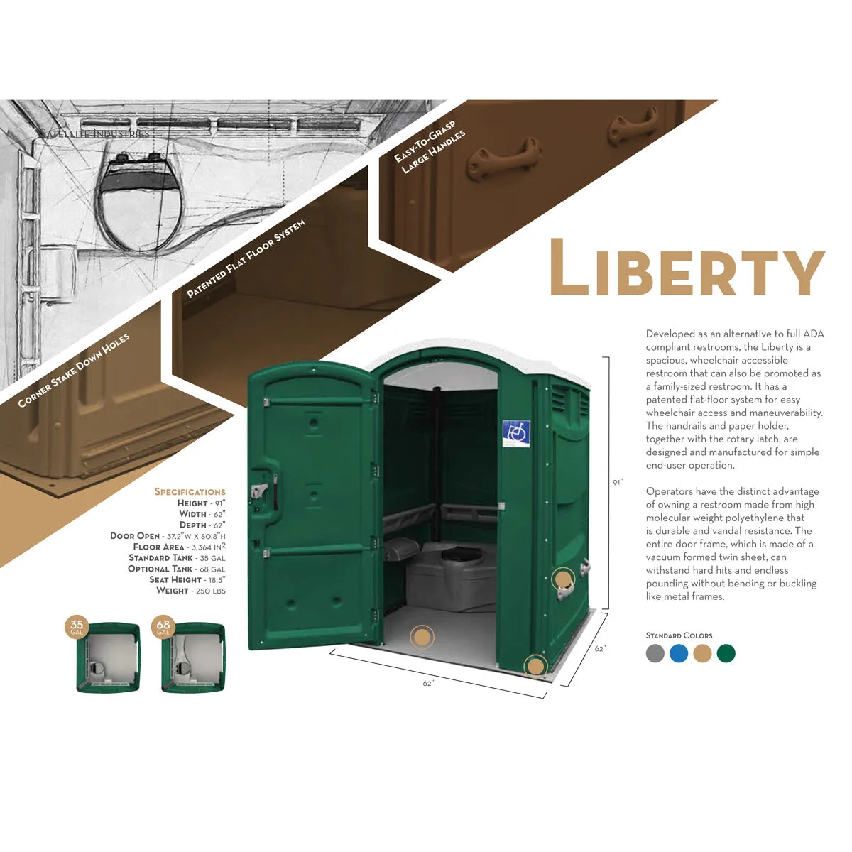 Portable Restroom (Alternative to Full ADA Complaint) Satellite Liberty 1, Wheelchair Accessible